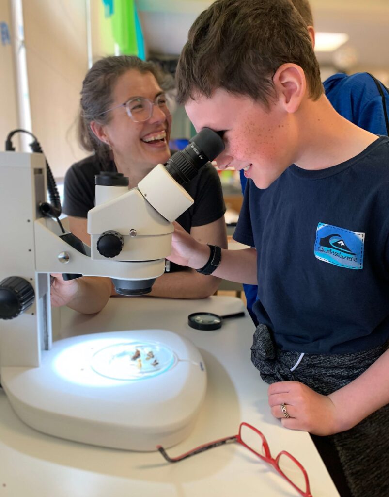 Un jeune garçon examine des larves d'insectes au microscope